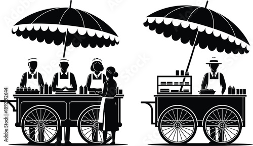 Street food cart vendors silhouette illustration, outdoor market stall scene, traditional snack stand artwork, urban selling concept, vector graphic design