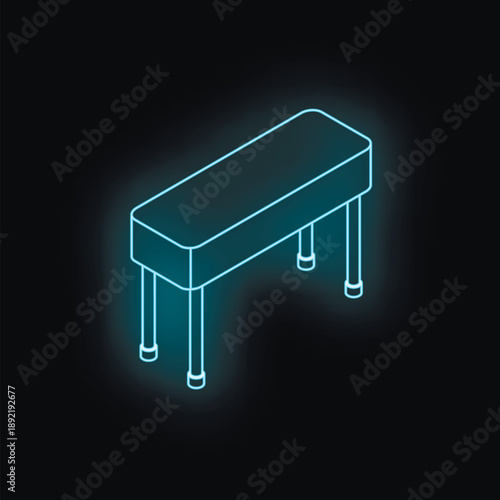 Neon blue bench glowing on black background, isometric projection