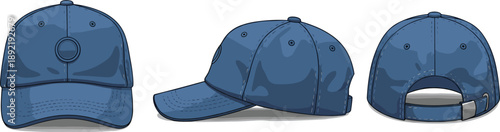 Baseball cap technical sketch, front side back views, adjustable strap, curved brim, emblem patch, fashion accessory illustration