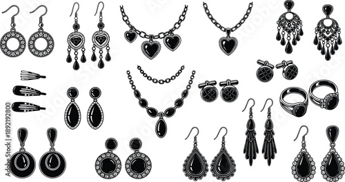 Stylized black and white jewelry collection featuring earrings, rings, necklaces, cufflinks, and hair clips, ideal for fashion design, retail, and catalog presentation.