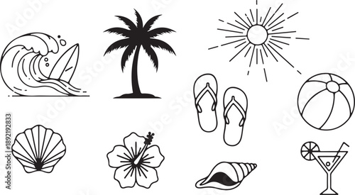 Summer beach vacation icon set. Tropical holiday travel elements. Vector cartoon cocktail drink, sun hat, palm tree on island, lounge chair at sunset ocean