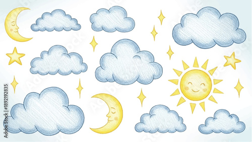 Chalk pencil clouds doodle set. Childish crayon sky, stars, lightning, rain, sun and moon. Pastel kids sketch. Grunge texture. Hand drawn vector illustration 