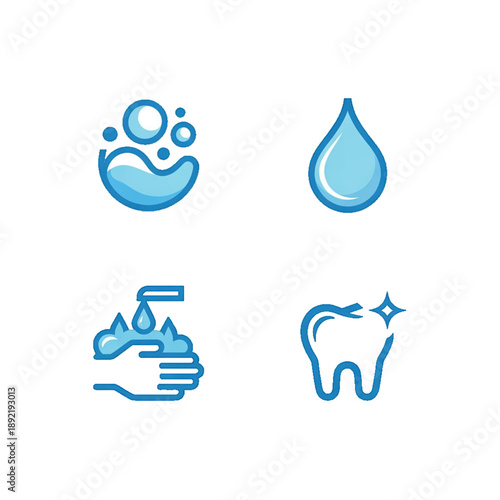 Modern vector icon set featuring a water drop, bubbles, hand washing with soap, and a shining tooth. Blue and white minimalist symbols representing oral health, personal hygiene, sanitation. 