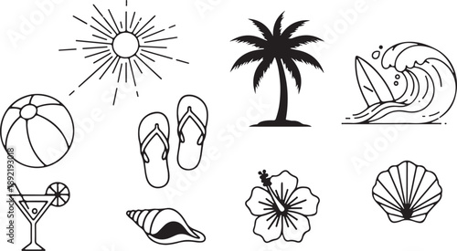Summer beach vacation icon set. Tropical holiday travel elements. Vector cartoon cocktail drink, sun hat, palm tree on island, lounge chair at sunset ocean