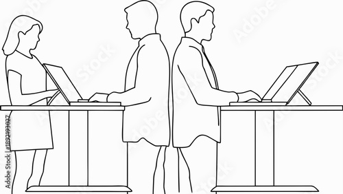 Modern office collaboration teamwork and productivity concept with line art vector of three coworkers working on laptops