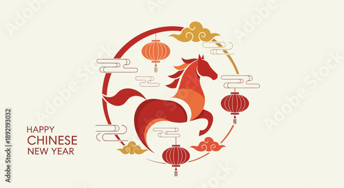 Vibrant Lunar New Year Celebration with Horse, Lanterns, and Decorations in Red and Gold