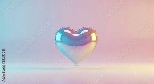 3d rendered illustration of a heart.Elegant Chrome Heart Balloon on Pastel Stage – Minimalist Romantic Pop Art Event Decor