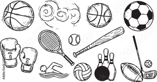 Collection of Hand Drawn Sports and Activity Icons in Black and White soccer ball baseball outline icons pack. 