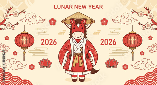 Lunar New Year Celebration Illustration Featuring Traditional Costume and Lanterns