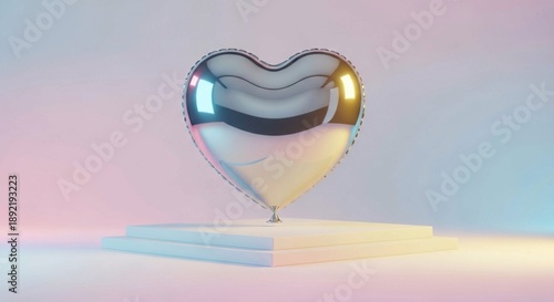 3d rendered illustration of a heart.Elegant Chrome Heart Balloon on Pastel Stage – Minimalist Romantic Pop Art Event Decor