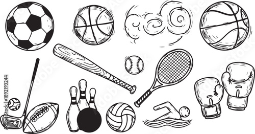 Collection of Hand Drawn Sports and Activity Icons in Black and White soccer ball baseball outline icons pack. 