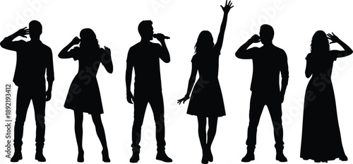 Collection, of, black, silhouettes, featuring, male, and, female, singers, vocalists, and, performers, with, fans, for, music, concert, party, and, entertainment.