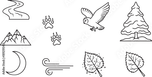 Minimalist nature, abstract, and geometric black and white line art icons set, vector illustration graphics