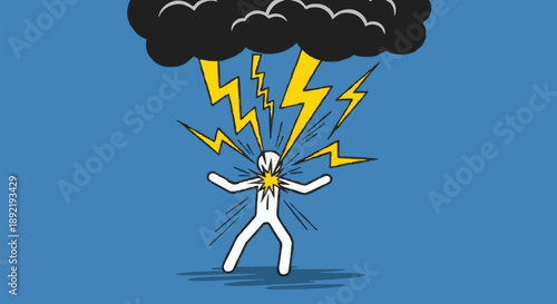 Person experiencing stress and anxiety under a storm cloud with lightning striking.