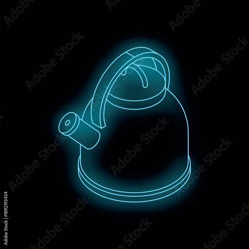 Neon kettle glowing on dark background, representing concepts like tea time, breakfast, hot beverage, and modern kitchen appliances