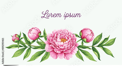 Beautiful Horizontal Banner Featuring a Large Pink Peony Flower and Budding Blossoms with Green Leaves on a Pale Mint Background for Floral Wedding Stationery (25 words)