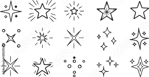 Hand drawn star spark doodle element icon set. Hand drawn sketch doodle style. Light decoration background. 