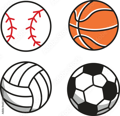 Collection of various game balls including soccer, basketball, tennis, volleyball, baseball and rugby in flat vector style for sports apps and designs