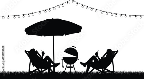 Black Silhouette of Couple Relaxing in Deck Chairs with Drinks Under Umbrella Near BBQ Grill and String Lights for Summer Backyard Party Concept (24 words)