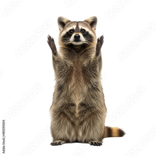 A curious raccoon stands upright on hind legs with paws raised on transparent background