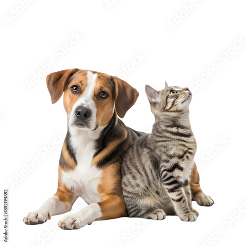 A large dog and a domestic tabby cat relaxing together on a transparent background