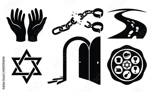 Set bundle passover silhouette, jewish holiday symbols for celebration
