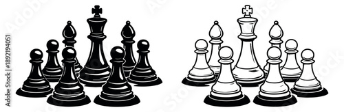 Hand drawn chess pieces set featuring black solid and white line art kings, bishops, and pawns for strategy games