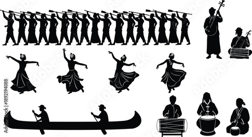 Traditional cultural procession silhouettes featuring folk dancers, musicians, drummers, boat riders, and 