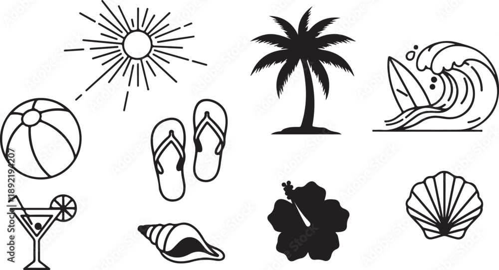 Obraz premium Summer beach vacation icon set. Tropical holiday travel elements. Vector cartoon cocktail drink, sun hat, palm tree on island, lounge chair at sunset ocean 