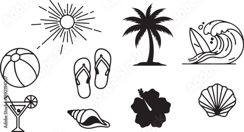 Summer beach vacation icon set. Tropical holiday travel elements. Vector cartoon cocktail drink, sun hat, palm tree on island, lounge chair at sunset ocean 