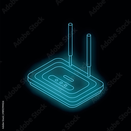 Neon wi fi router is glowing on black background, representing internet connectivity and wireless technology