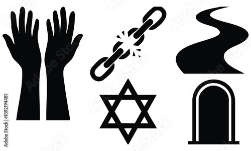 Set bundle passover silhouette, symbolic icons of freedom and journey