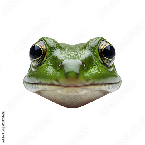 A vibrant green tree frog stares directly at the viewer with large golden eyes.