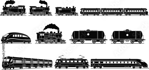 Train silhouettes collection featuring steam locomotives, modern passenger trains, rail transport vehicles, and railway carriages isolated on white background vector illustration set