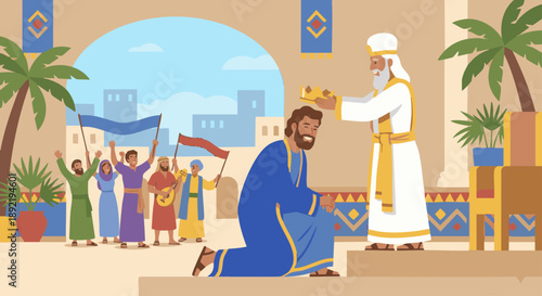 David Becomes King
Cartoon style flat vector illustration of David being crowned king, showing a crown placed on David’s head, joyful expression, simple palace or city background. Bible