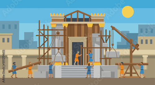 Building of the Temple
Flat vector illustration of the building of the temple, showing workers lifting stones and wooden beams, temple structure partially completed, scaffolding visible. Bible