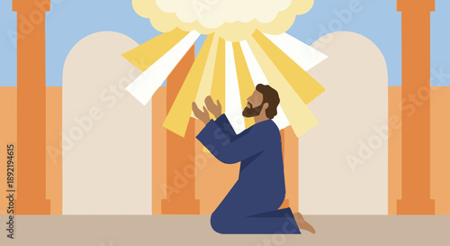 Solomon Asks for Wisdom
Flat vector illustration of Solomon asking for wisdom, showing Solomon kneeling or praying with hands raised, soft light or symbolic rays above his head. Bible