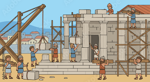 Building of the Temple
Cartoon style flat vector illustration of the building of the temple, showing workers lifting stones and wooden beams, partially built temple structure, scaffolding visible