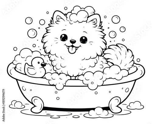 Cute cartoon line art illustration of a fluffy puppy depicting a bubble bath with a rubber duck for children's fun