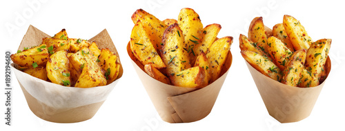 Batata Harra spicy potato wedges seasoned with herbs, garlic, chili served in brown paper cone, isolated on white background © boule1301