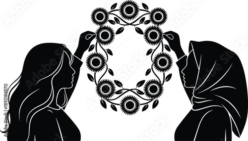 Two women silhouettes holding circular floral wreath, black and white minimalist illustration symbolizing unity, femininity, sisterhood, friendship, 