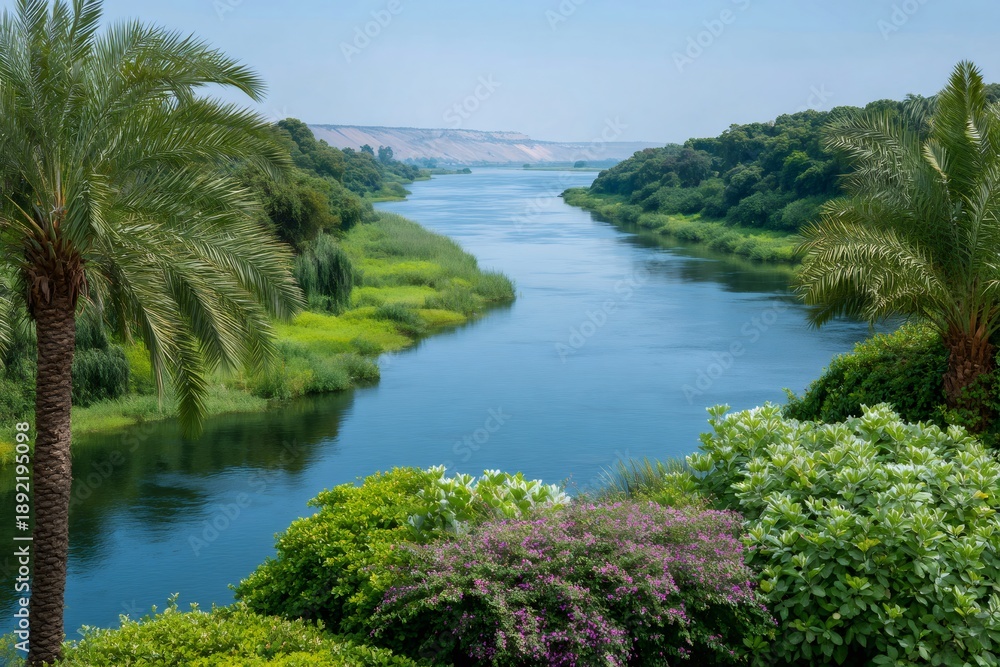 Fototapeta premium Nile River flowing through lush green landscape in Egypt