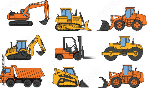 Vector set of colorful construction machinery including excavators, bulldozers, loaders, rollers, forklifts and dump trucks isolated on white background design