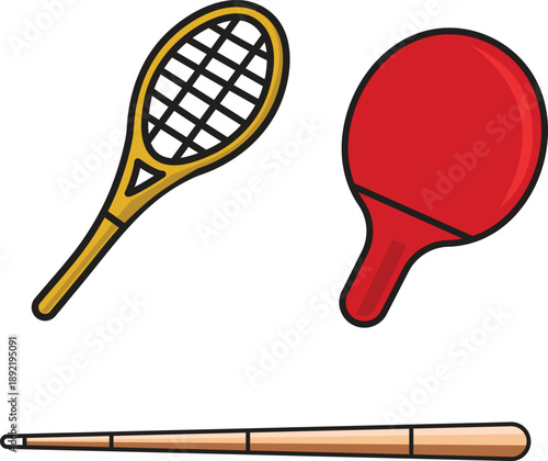 Collection of flat style tennis rackets in various designs for web, mobile, and graphic projects