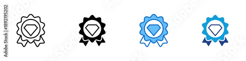 Quality Assurance Multiple Style Icon Design Vector - Seal badge with diamond symbol, representing quality control, reliability, and premium standards