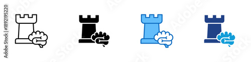 Strategic Thinking Multiple Style Icon Design Vector - Chess rook with brain symbol, representing strategy, planning, and intelligent decision making