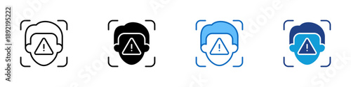 Recognition Alert Multiple Style Icon Design Vector - User profile with warning symbol, representing risk notification, user alert, and security awareness