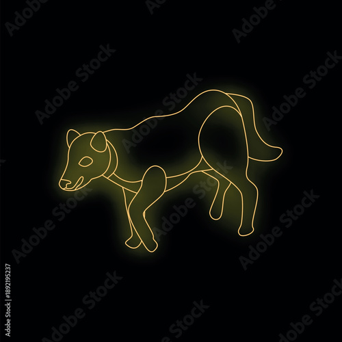 Neon yellow illustration of a dog peeing walking on black background