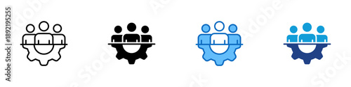 Team Management Multiple Style Icon Design Vector - Group of people integrated with gear, representing teamwork, coordination, and organizational control