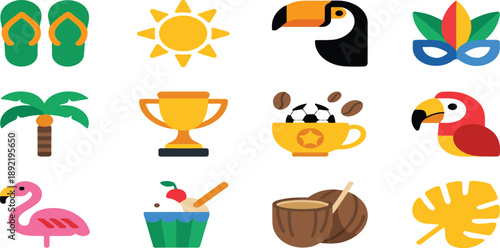 Brazil Carnival and Summer Travel Icon Set – Tropical Festival and Culture Elements